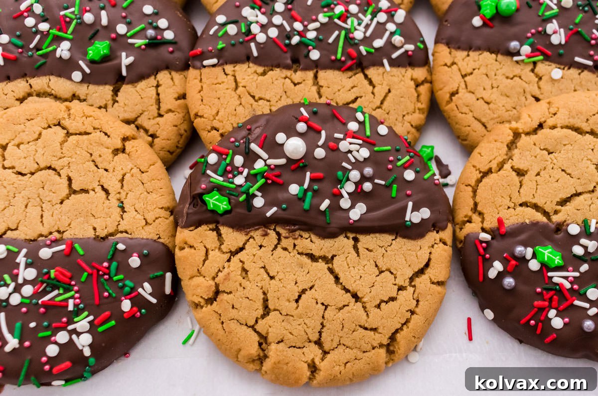 Two rows of freshly baked Chocolate Dipped Peanut Butter Cookies, artfully arranged on white parchment paper, ready to be enjoyed or gifted.