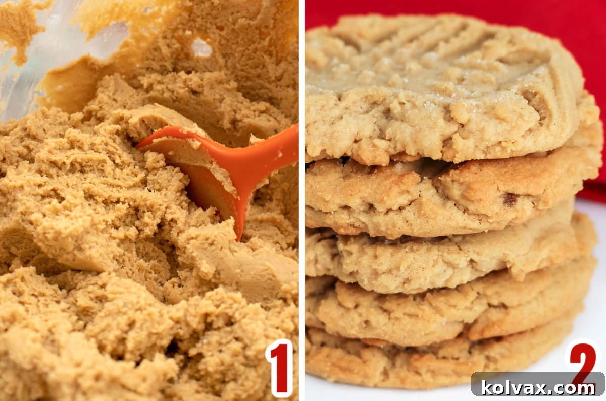 A two-part image showing a mixing bowl filled with rich, creamy peanut butter cookie dough on one side, and on the other, a stack of five perfectly golden-brown, freshly baked peanut butter cookies.