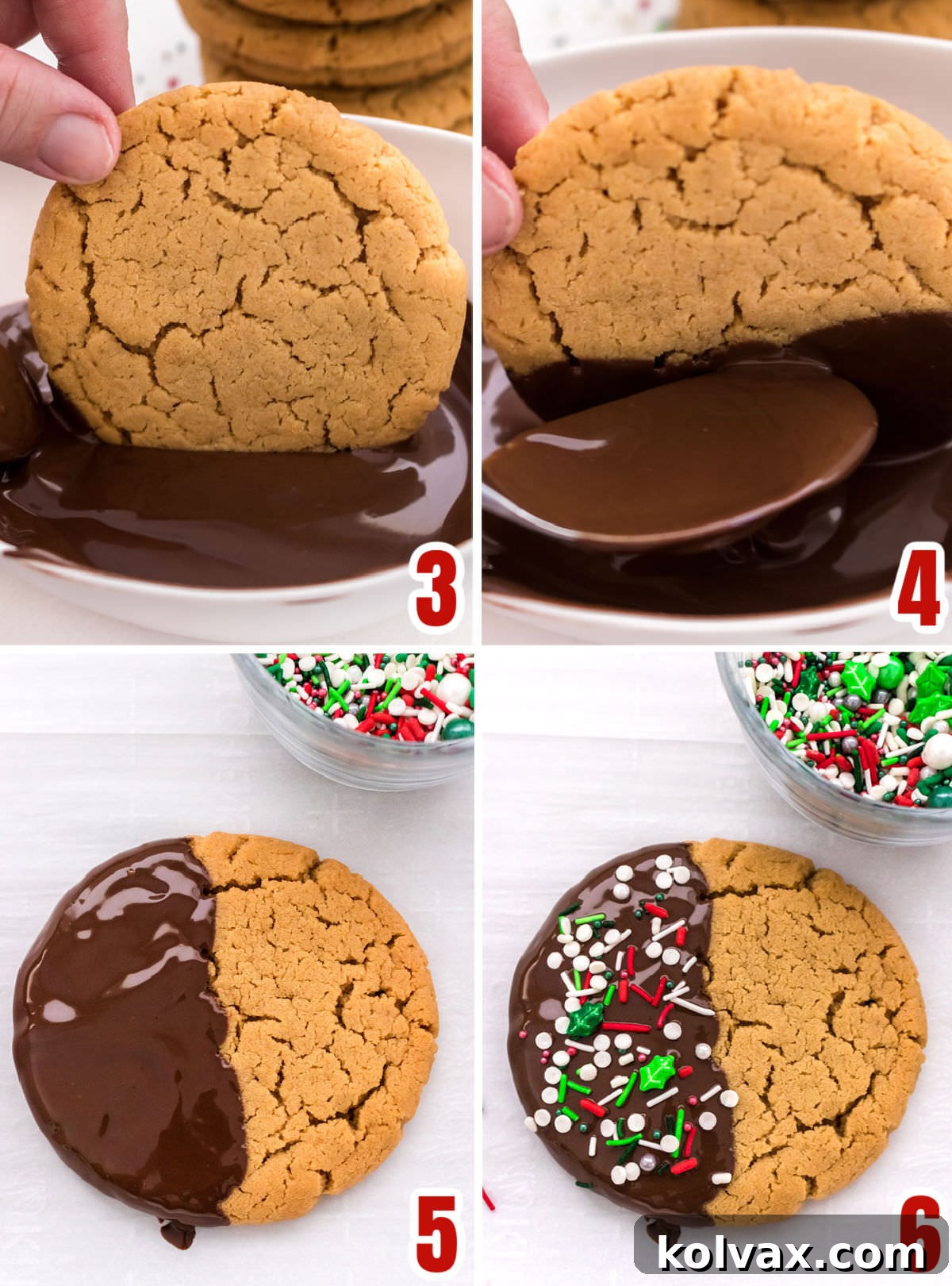 A step-by-step collage showing the process of dipping a peanut butter cookie into melted chocolate, followed by generously applying colorful holiday sprinkles.