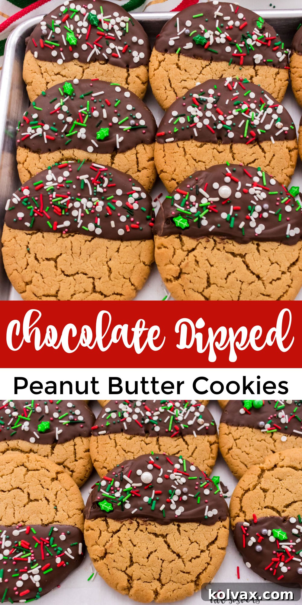 Chocolate Dipped Peanut Butter Cookies, a festive holiday treat.