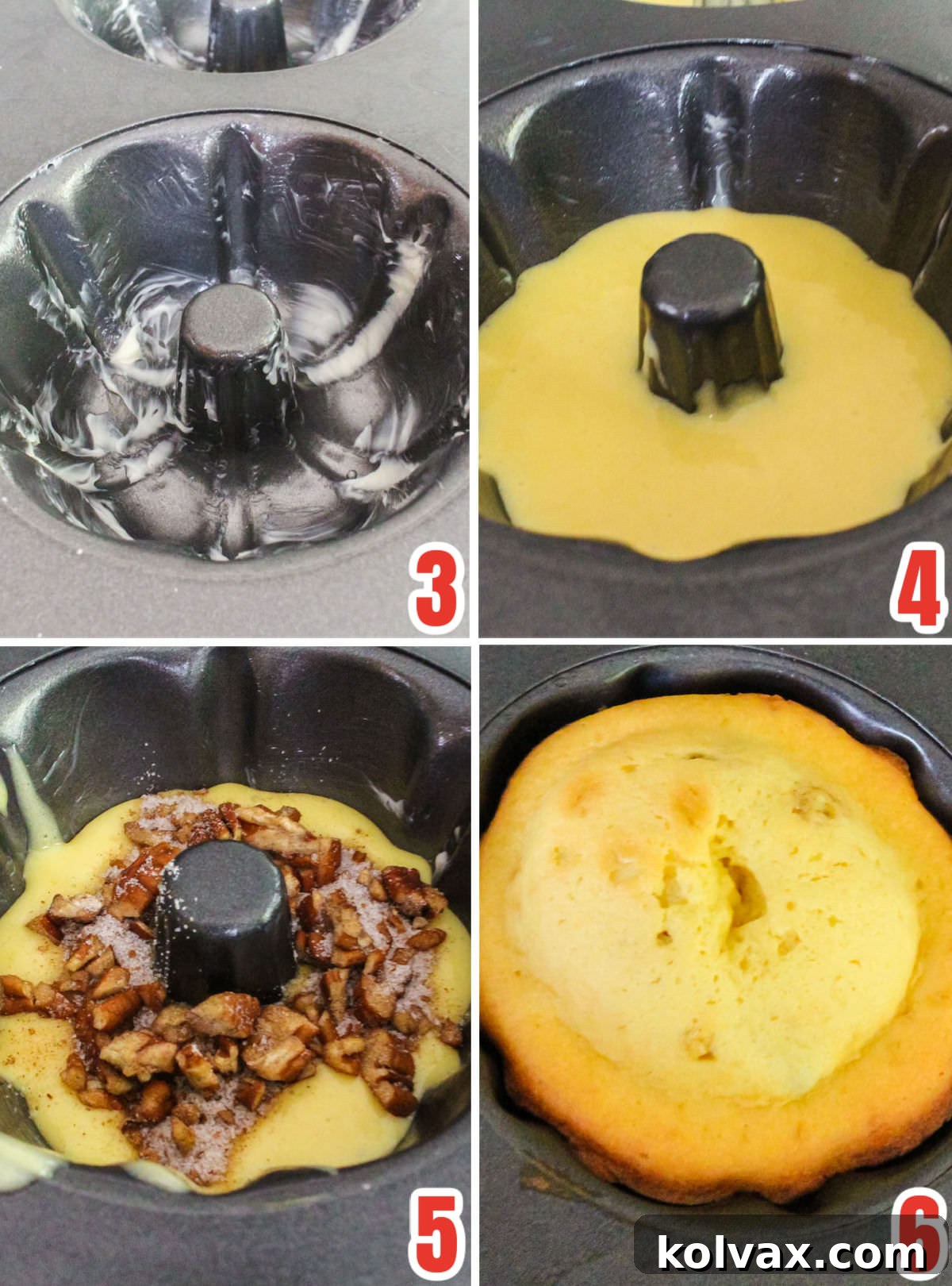 A four-panel collage illustrating the step-by-step process of preparing mini bundt cakes: greasing the pan, pouring the first layer of batter, adding the cinnamon-nut filling, and topping with the final layer of batter.