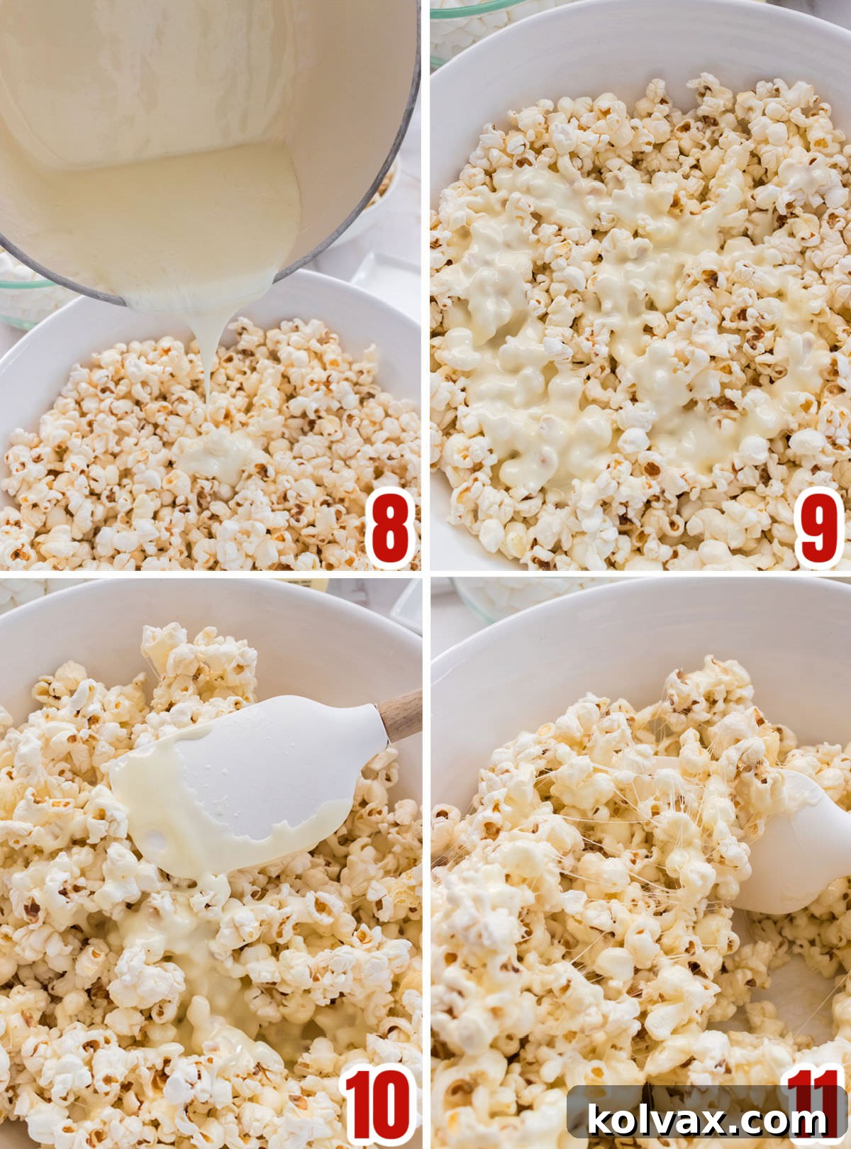 Collage image showing how to cover the popcorn with the marshmallow mixture.