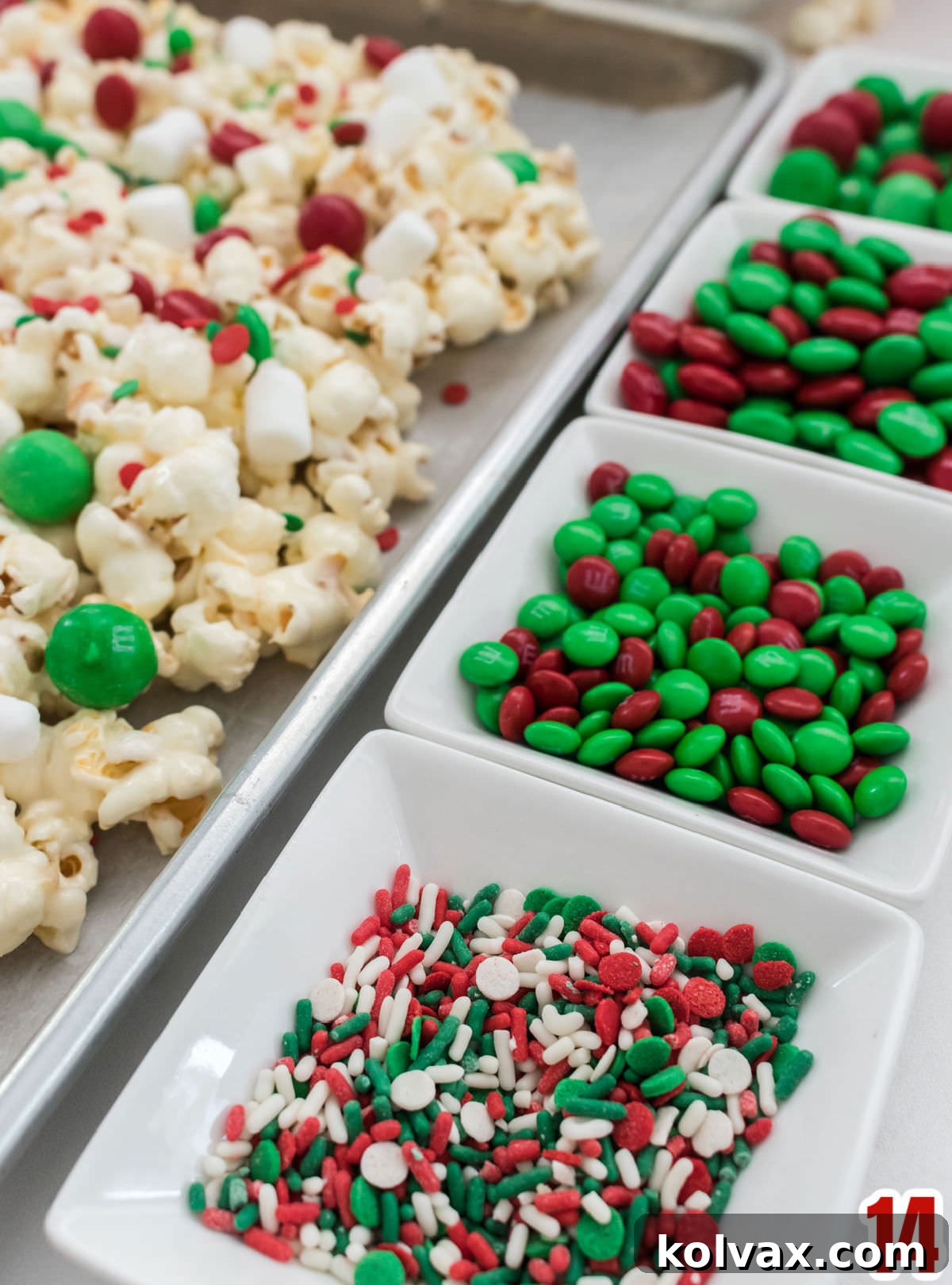 Closeup on all the Christmas colored candy mix-ins we used for the Marshmallow Popcorn.
