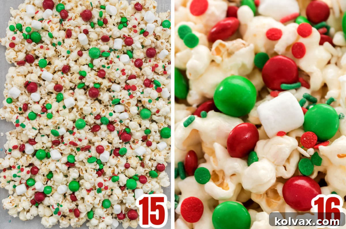 Collage image showing how to add the Christmas Candy Mix-in's into the Santa Crunch Popcorn. 