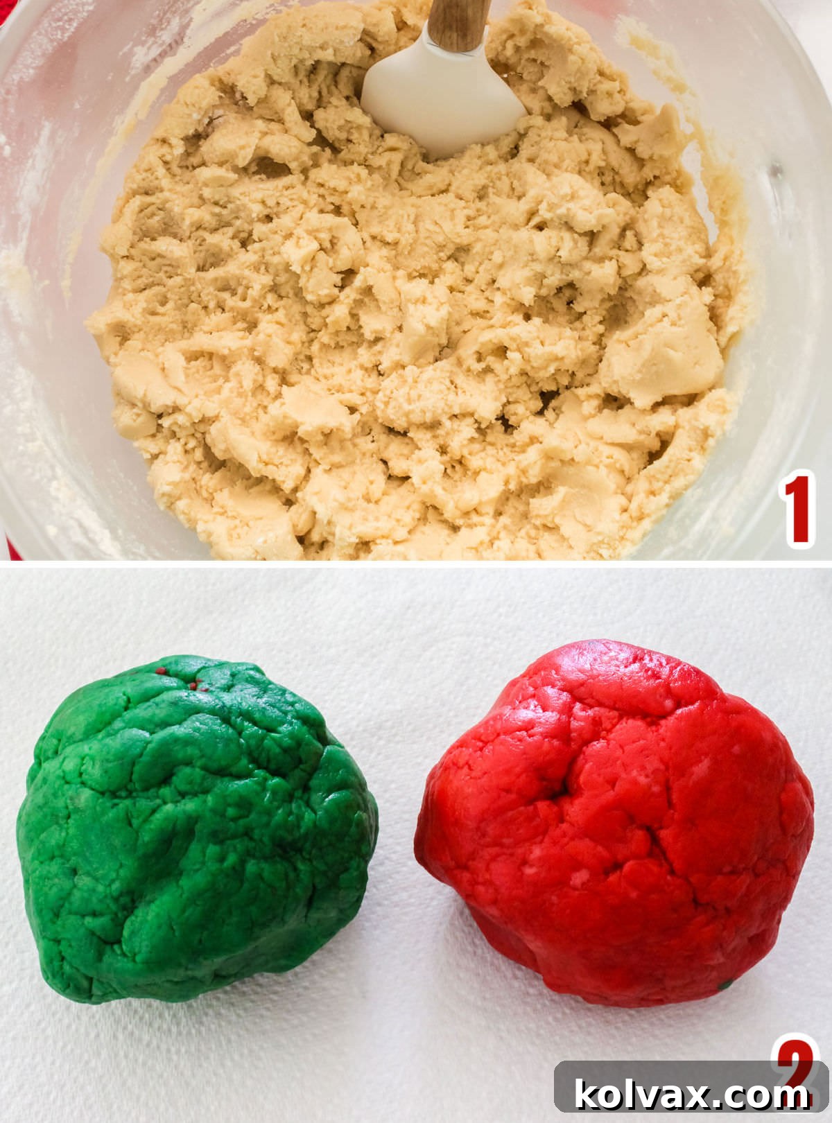 Collage image demonstrating the steps for preparing and coloring the sugar cookie dough in festive red and green for holiday baking.