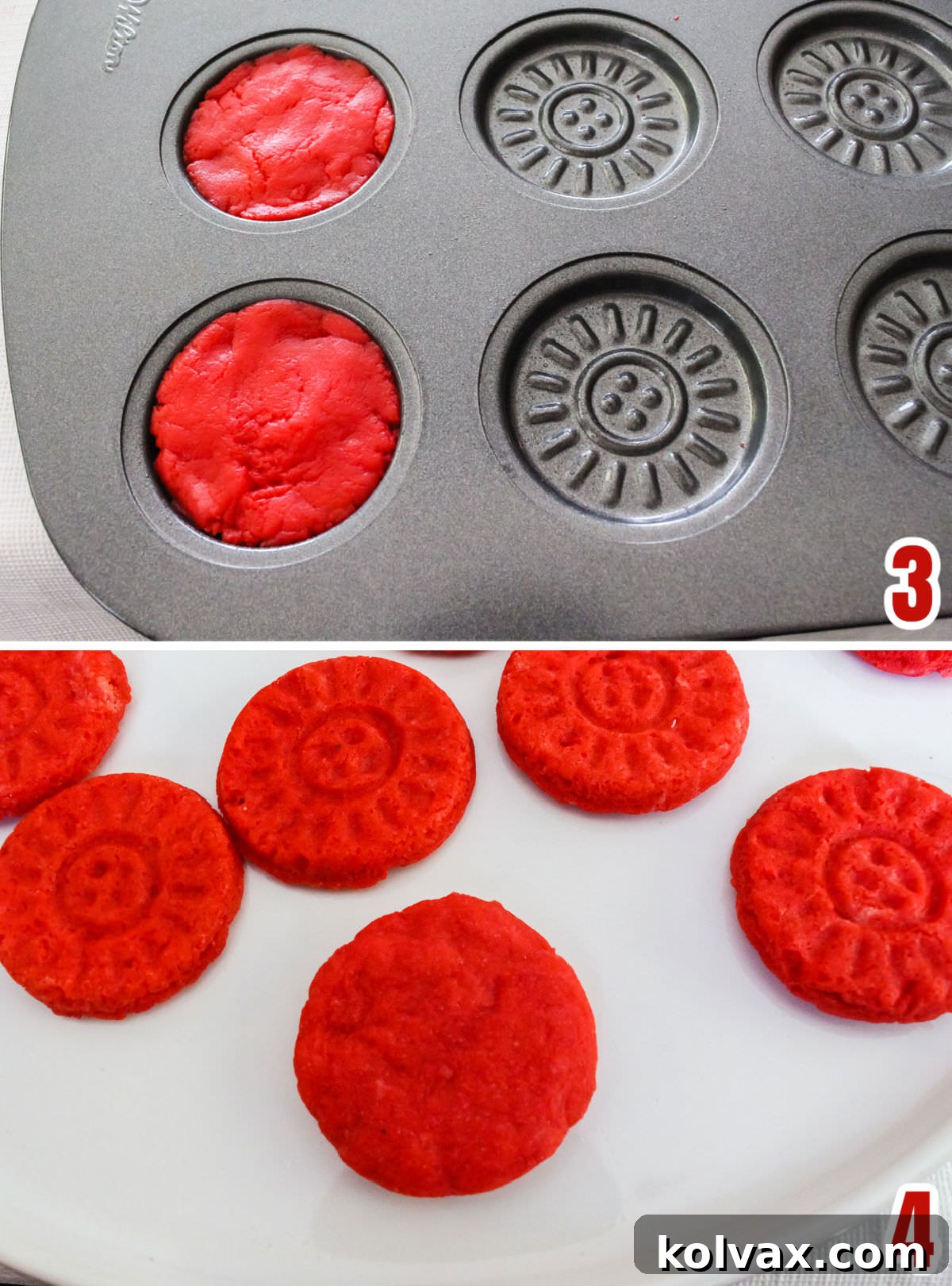 Collage image displaying the baking process for red and green sugar cookies in a specialized sandwich cookie pan.