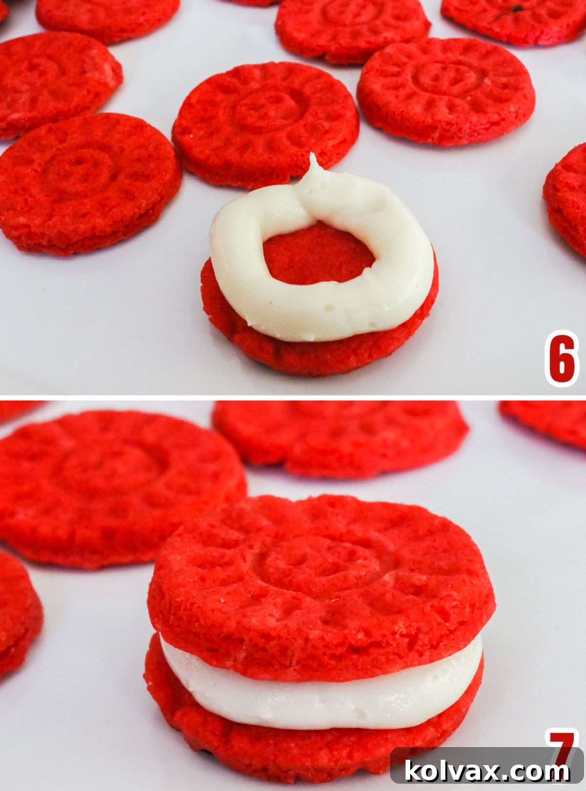 Collage images illustrating the process of filling and assembling Christmas Sugar Cookie Sandwiches with creamy buttercream frosting.