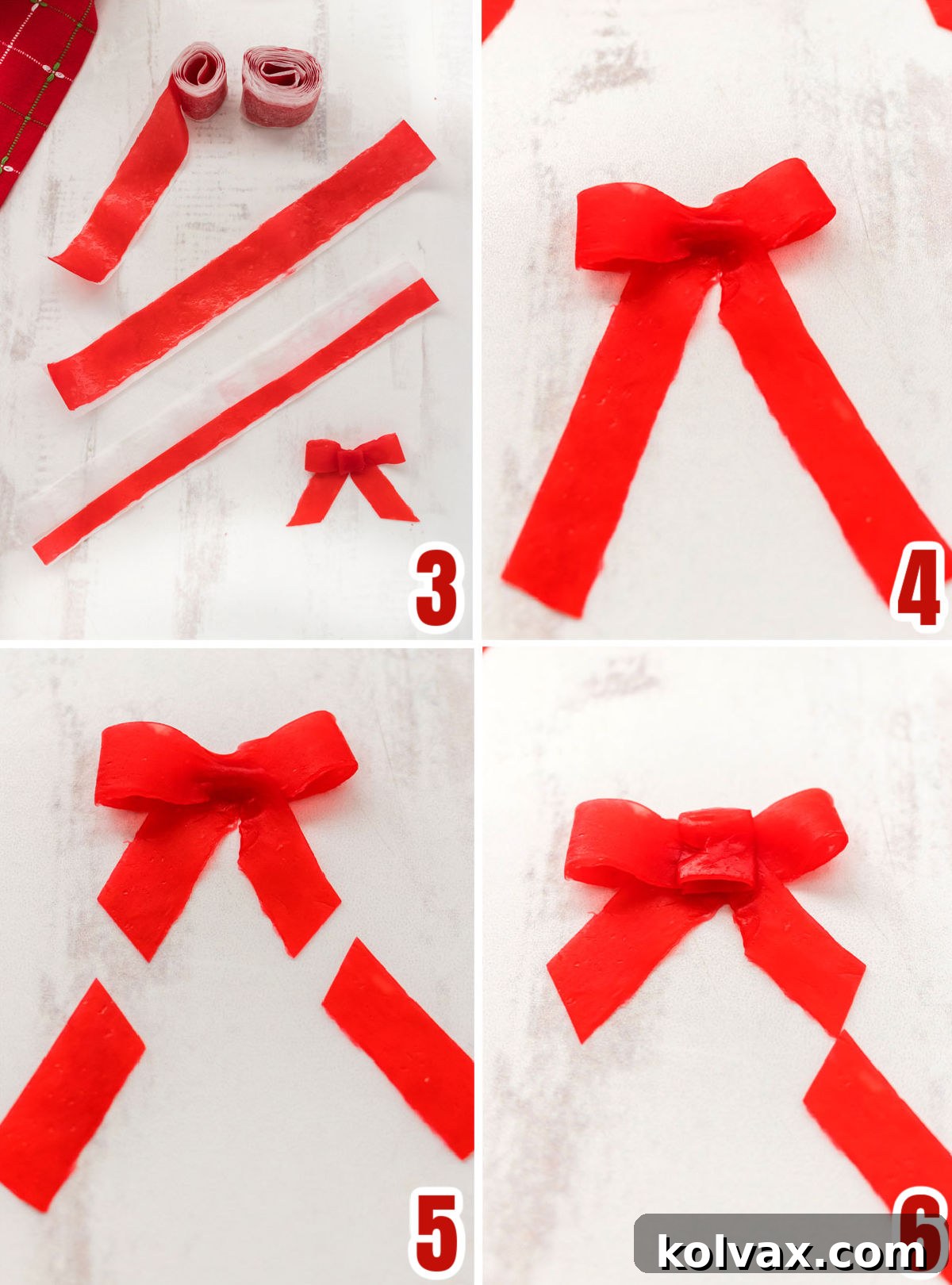 A four-panel collage showing the step-by-step process of creating edible red bows from Cherry Fruit by the Foot for Christmas Wreath Rice Krispie Treats.