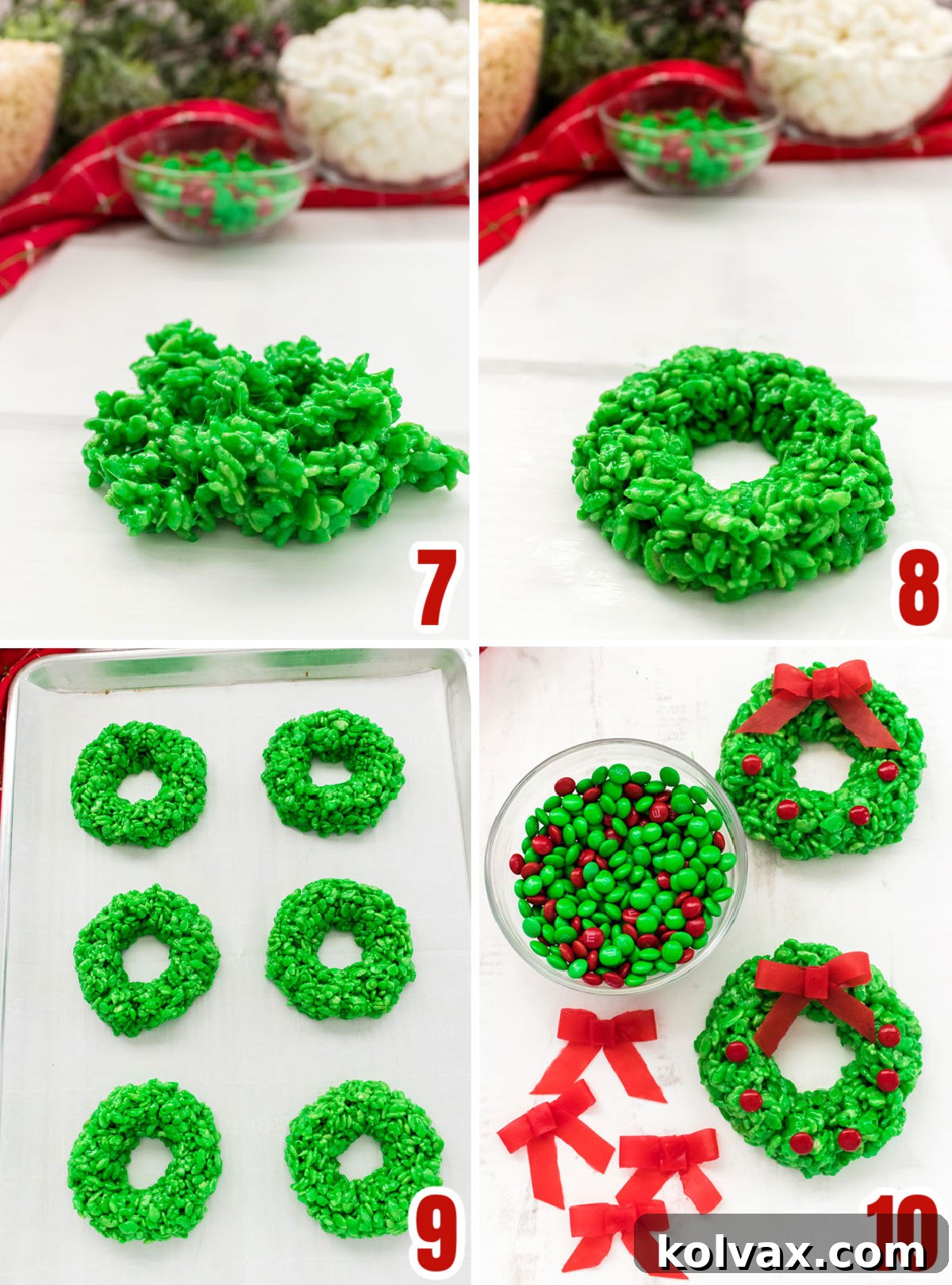 A multi-panel collage demonstrating the steps for shaping green Rice Krispie Treat mixture into wreaths and decorating them with Mini M&M's and edible Fruit by the Foot bows.