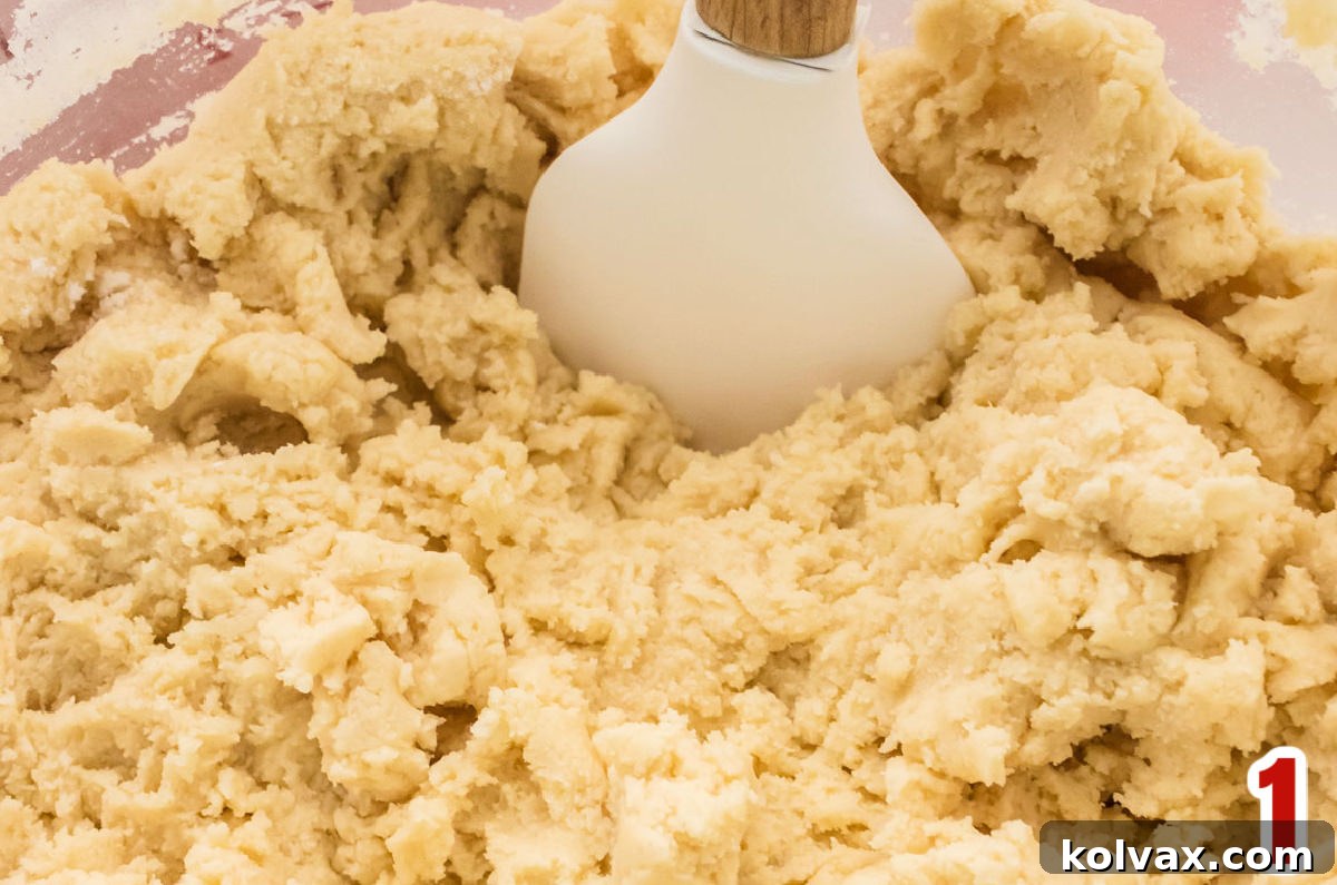 Closeup on a clear mixing bowl filled with Sugar Cookie dough.