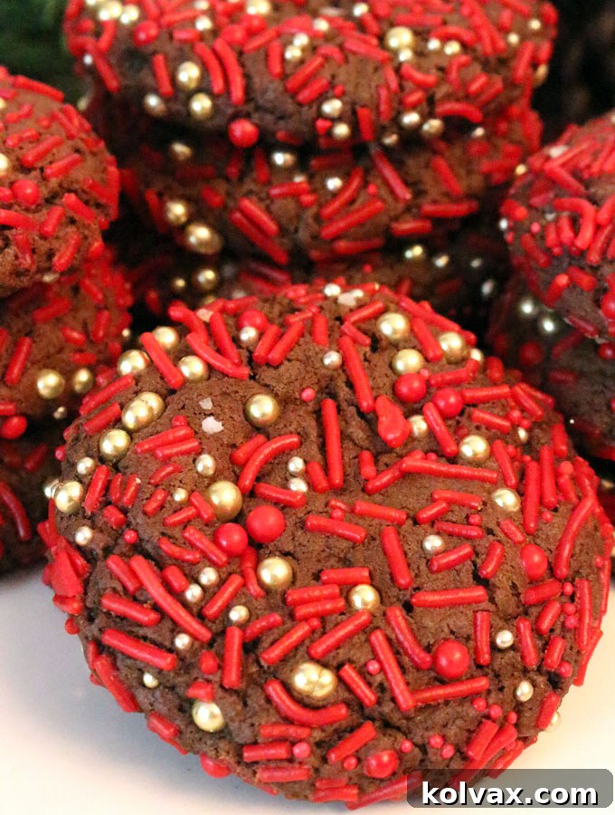 Delicious and festive Christmas Sprinkles Chocolate Cookies arranged beautifully on a platter, ready to be enjoyed at holiday gatherings and dessert tables.