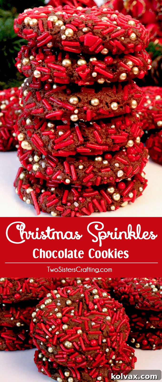 A festive platter of Christmas Sprinkles Chocolate Cookies, beautifully arranged and ready to be enjoyed at holiday gatherings and dessert tables.