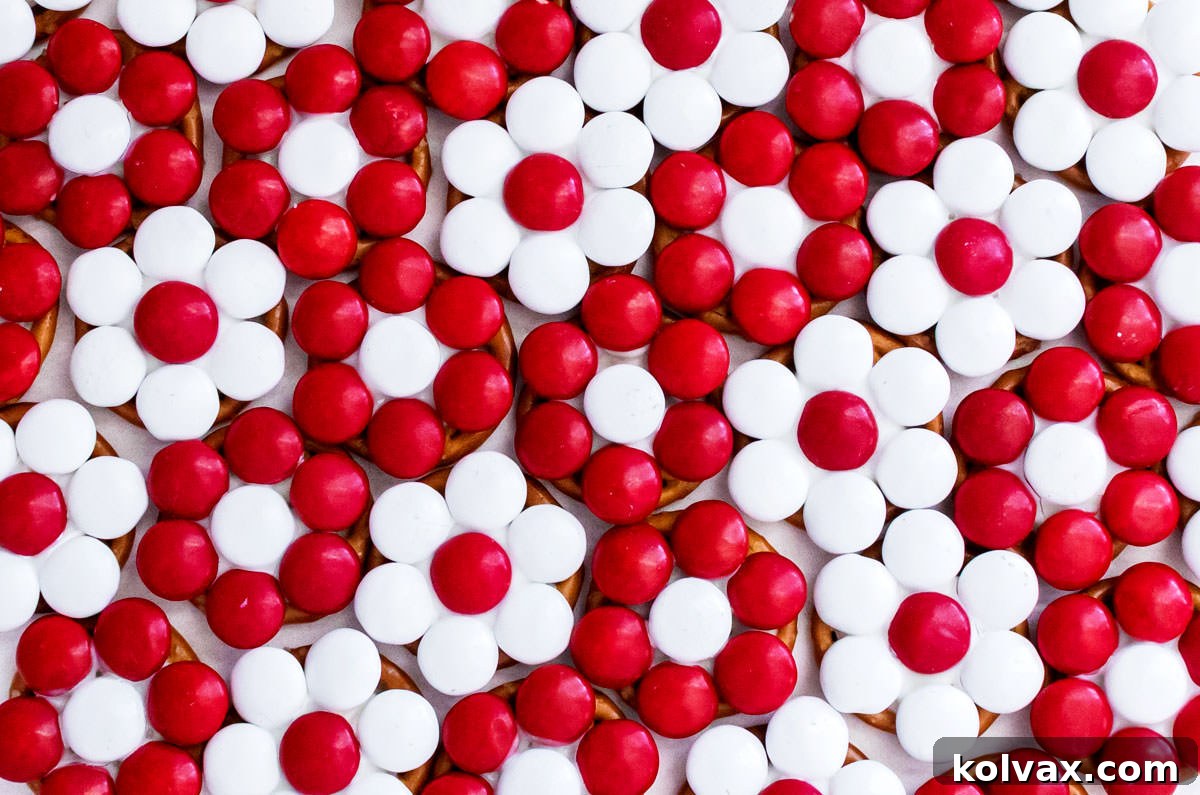Closeup on a batch of Holiday Poinsettia Pretzel Bites arranged in rows.