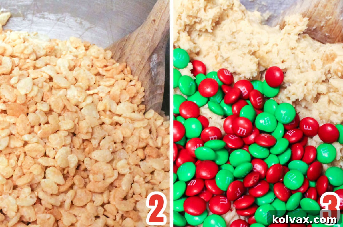 Collage image showing how to fold the Rice Krispie Cereal and the Red and Green Mini M&M's into the cookie dough.