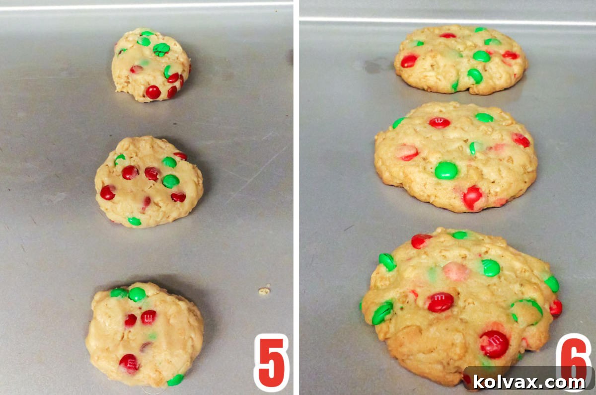 Collage image showing the Christmas M&M Rice Krispie Cookies before going in the oven and after coming out of the oven.