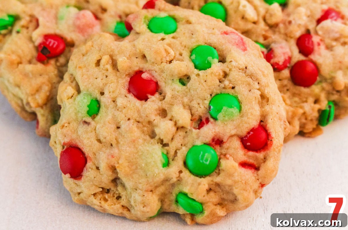 Closeup on the top of a Christmas M&M Rice Krispie Cookie .