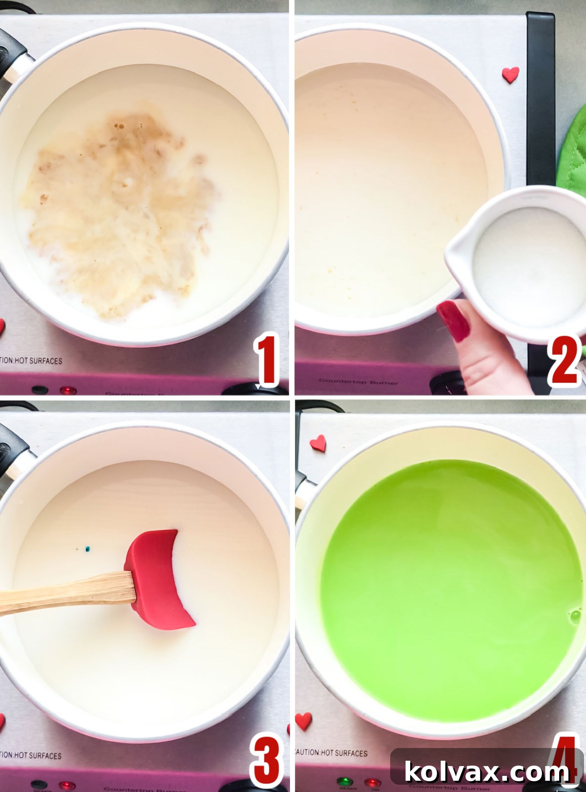 A four-panel collage illustrating the step-by-step process of making Grinch Hot Vanilla Milk, from mixing ingredients in a saucepan to pouring the vibrant green milk into a mug, showcasing the simplicity of this delicious recipe.