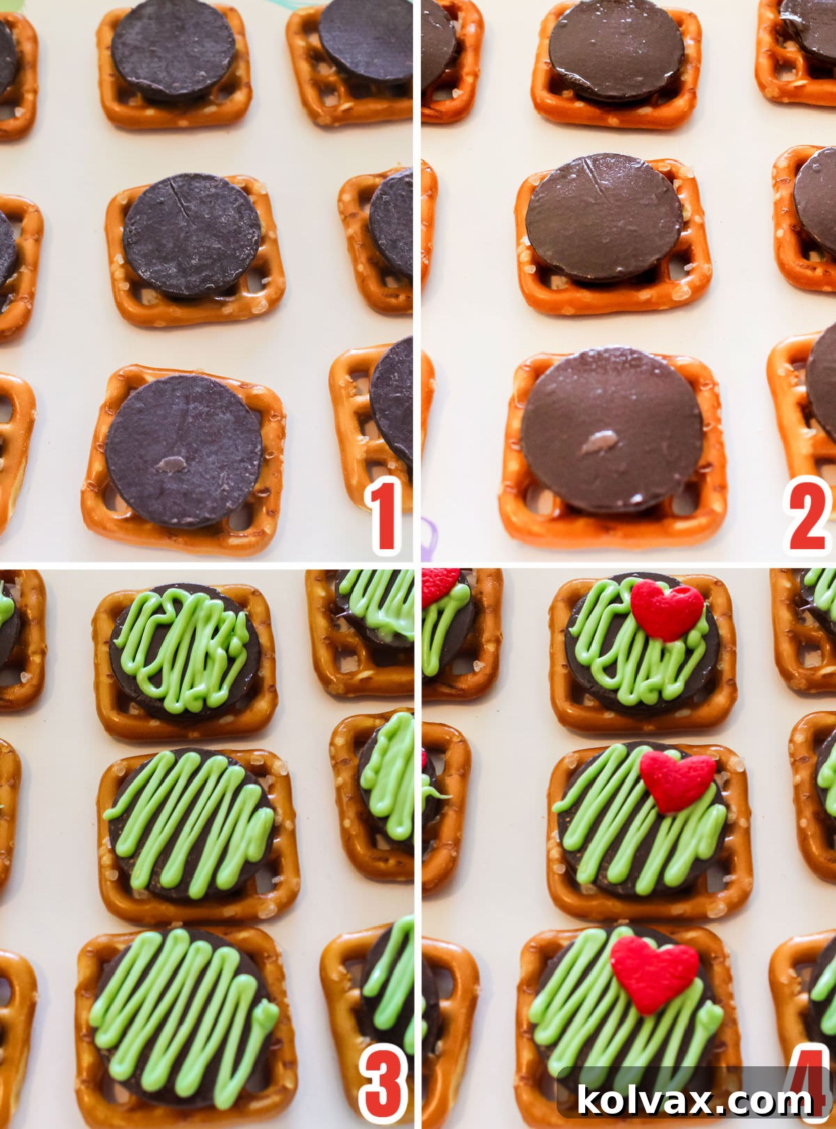 Collage image showing the steps for making Grinch Pretzel Bites, from arranging pretzels to adding the heart sprinkles.