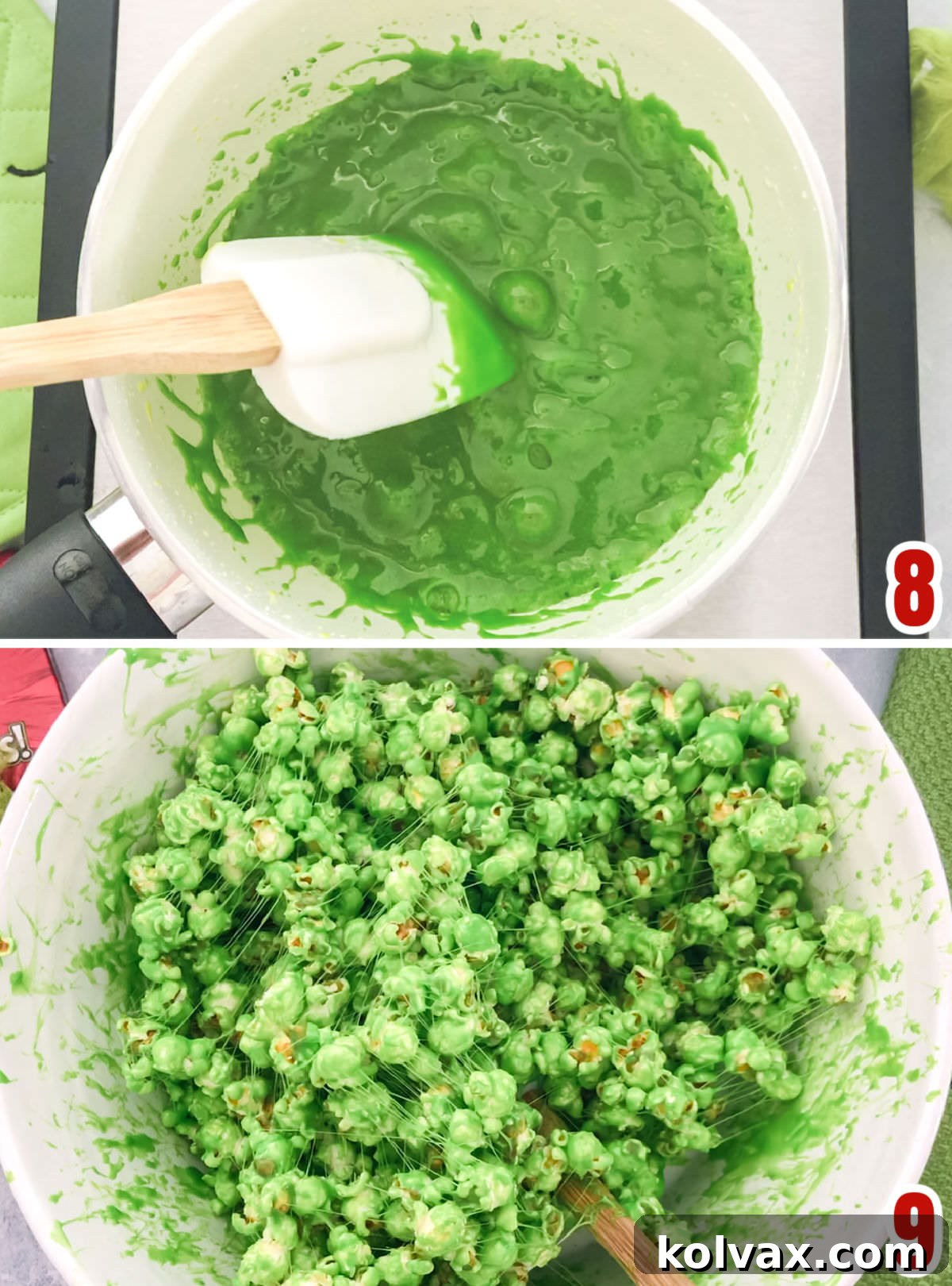 Collage image showing how to color the marshmallow mixture and use it to cover the popcorn.