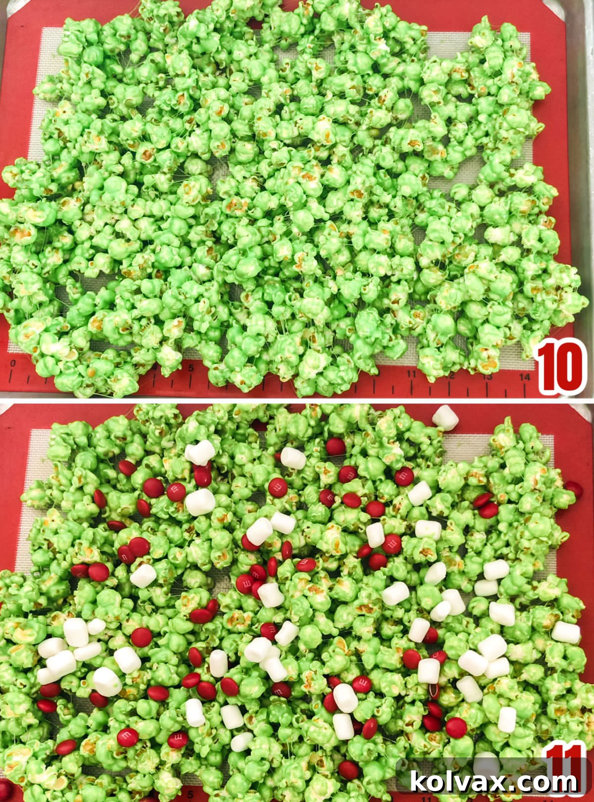 Collage image showing how to add the candy mixins to the Grinch Popcorn.