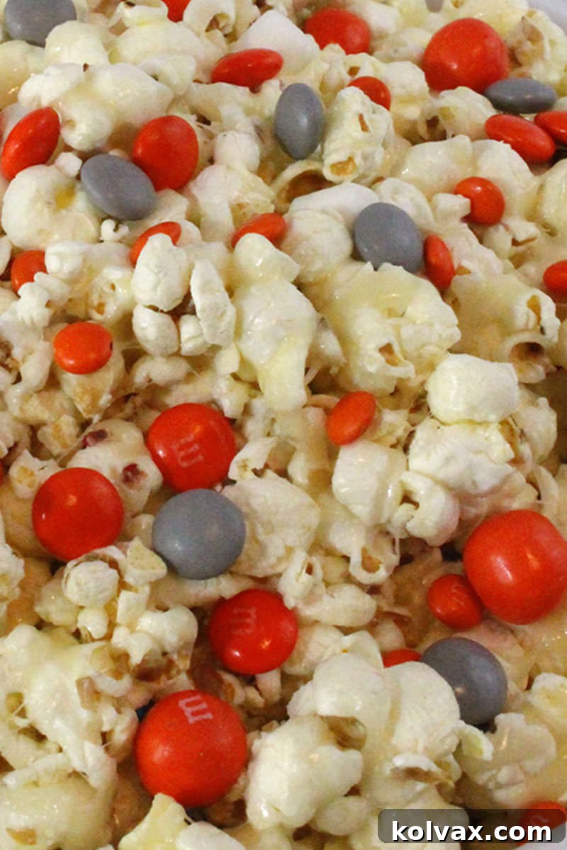 Close-up of Star Wars BB-8 Popcorn with orange and grey candies