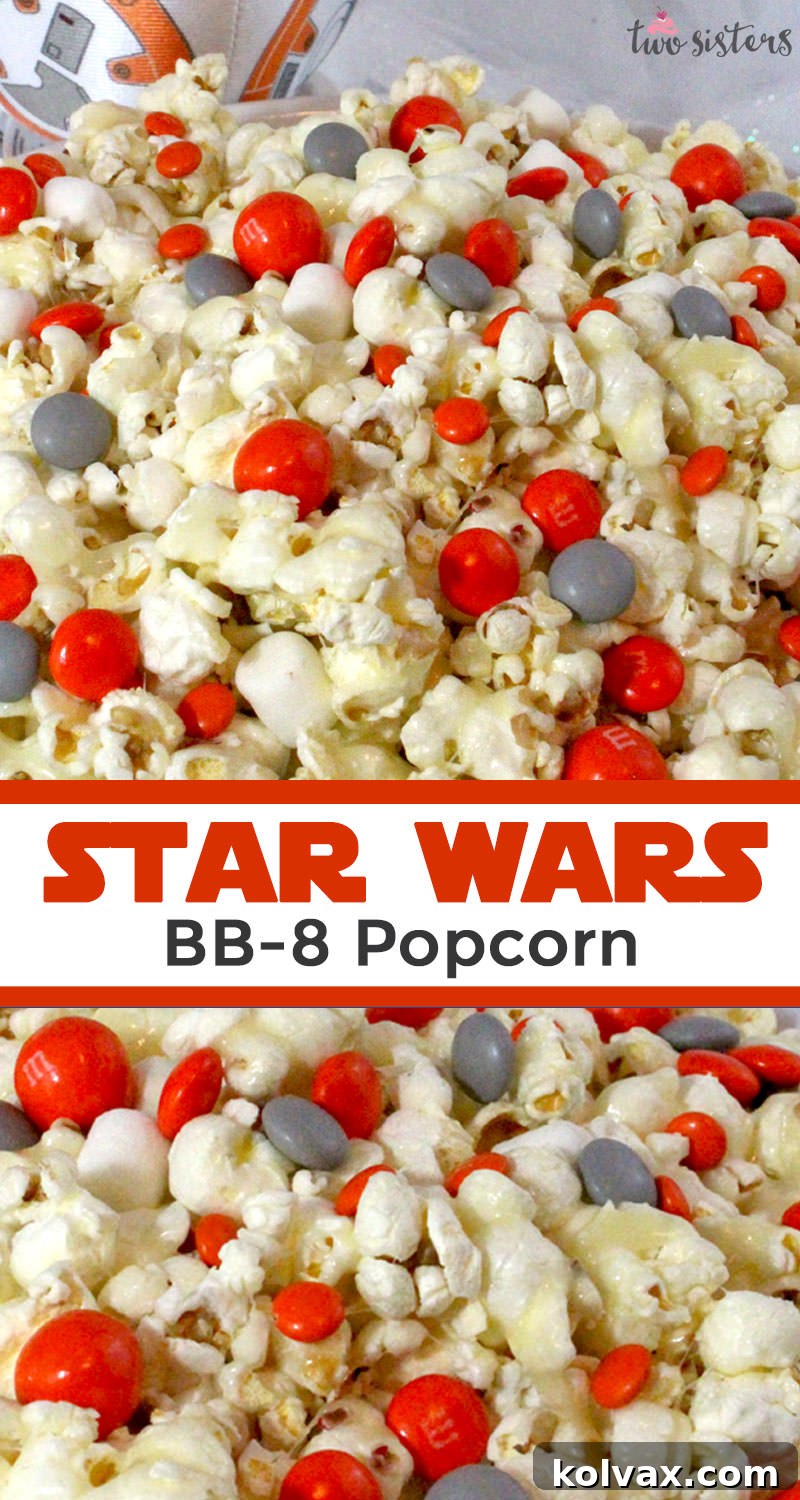 Overhead shot of Star Wars BB-8 Popcorn with themed candies and mini marshmallows