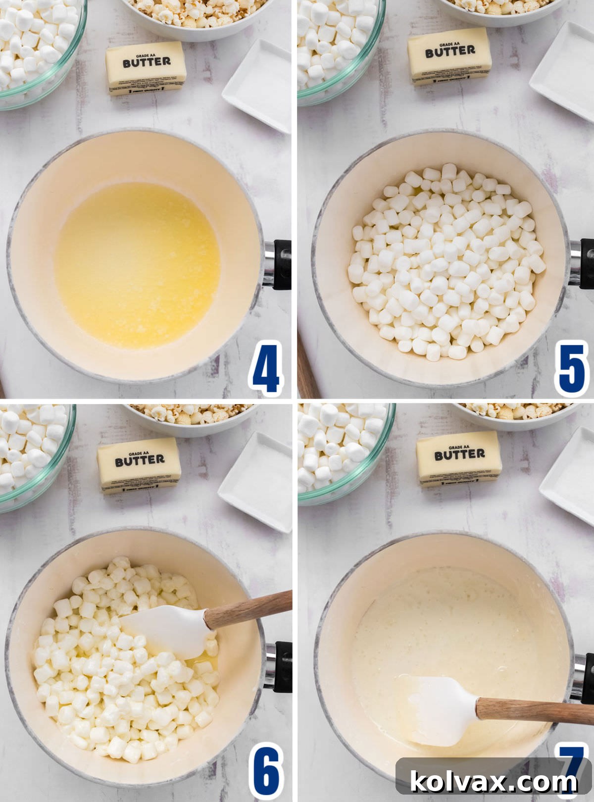 A four-panel collage showing the process of melting butter and mini marshmallows in a saucepan to create the gooey base for Star Wars Popcorn.