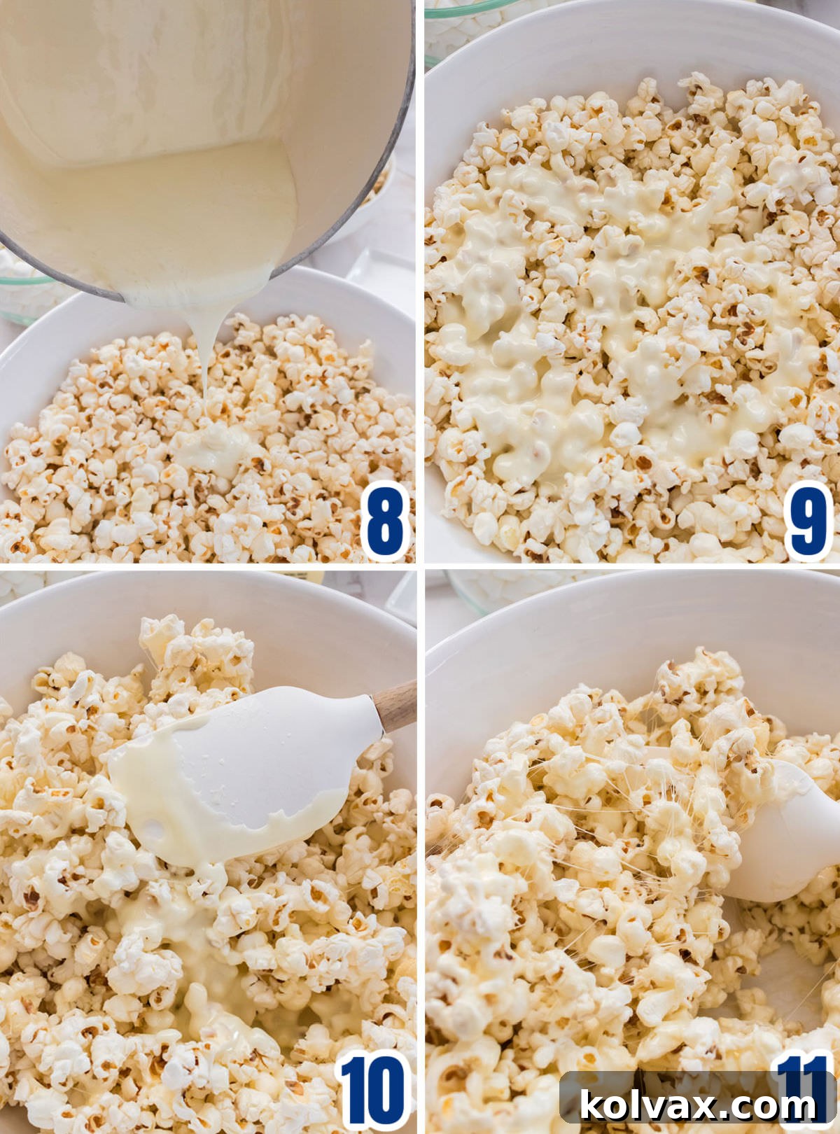 A collage image illustrating how to combine the warm marshmallow mixture with the salted popcorn, ensuring even coating before spreading onto a baking sheet.