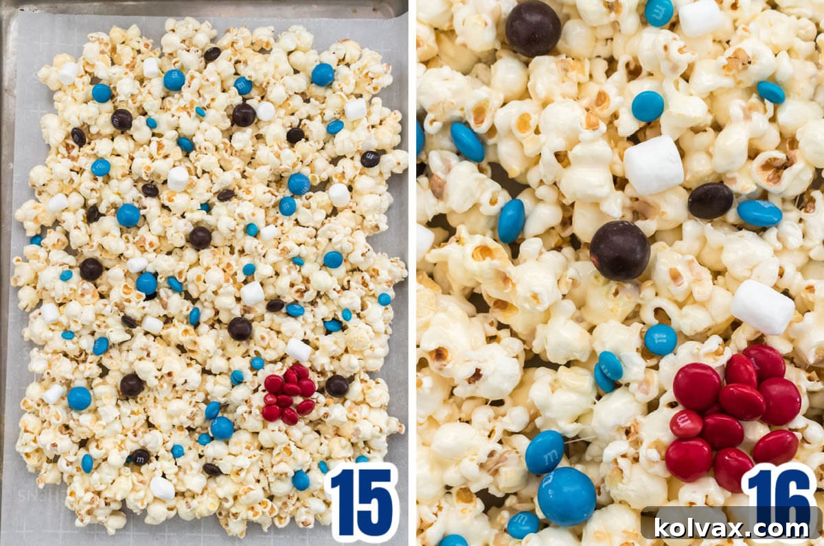 A detailed collage image showing the step-by-step process of adding colorful candy mix-ins to the warm marshmallow-coated Star Wars Popcorn while it cools on a cookie sheet.