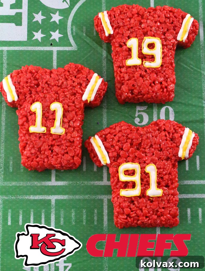 These Kansas City Chiefs Rice Krispie Treat Team Jerseys are a fun football dessert for a game day football party, an NFL playoff party, a Super Bowl party or as a special snack for the Kansas City Chiefs' fans in your life. Go Chiefs! And follow us for more fun Super Bowl Food Ideas.