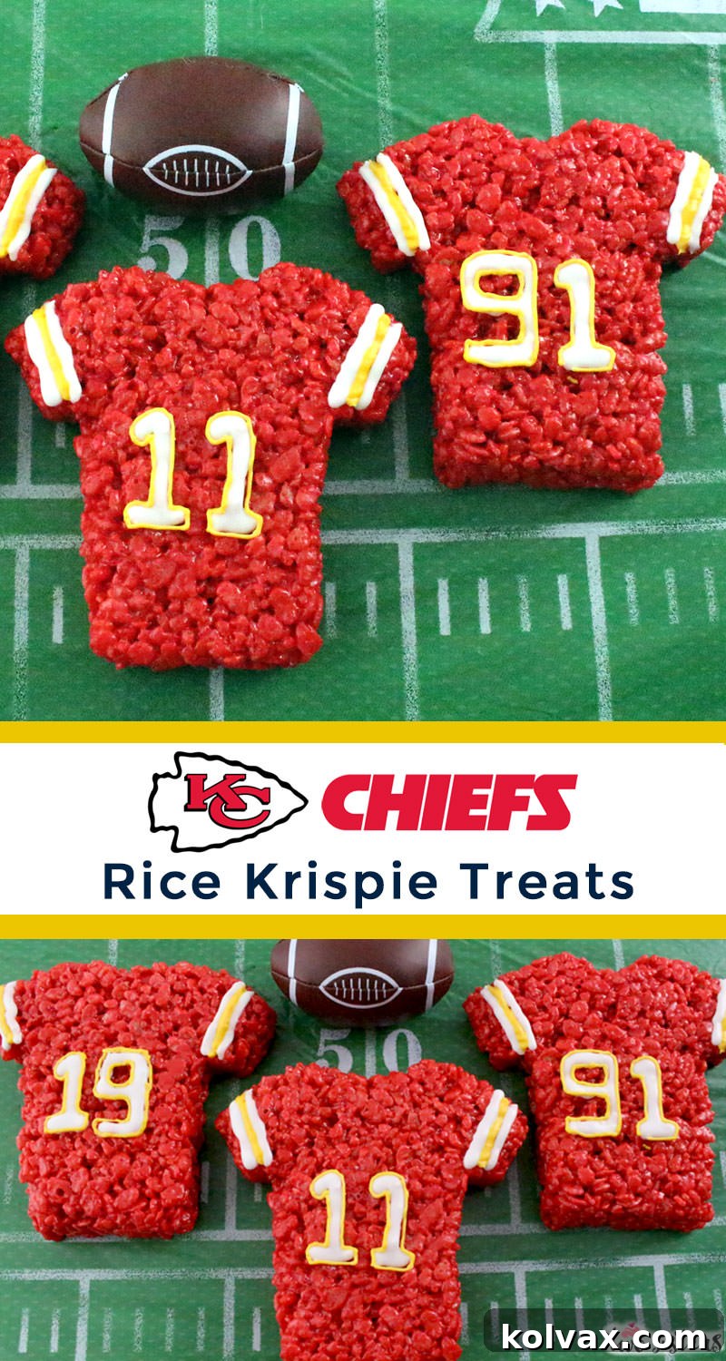 These Kansas City Chiefs Rice Krispie Treat Team Jerseys are a fun football dessert for a game day football party, an NFL playoff party, a Super Bowl party or as a special snack for the Kansas City Chiefs' fans in your life. Go Chiefs! And follow us for more fun Super Bowl Food Ideas.