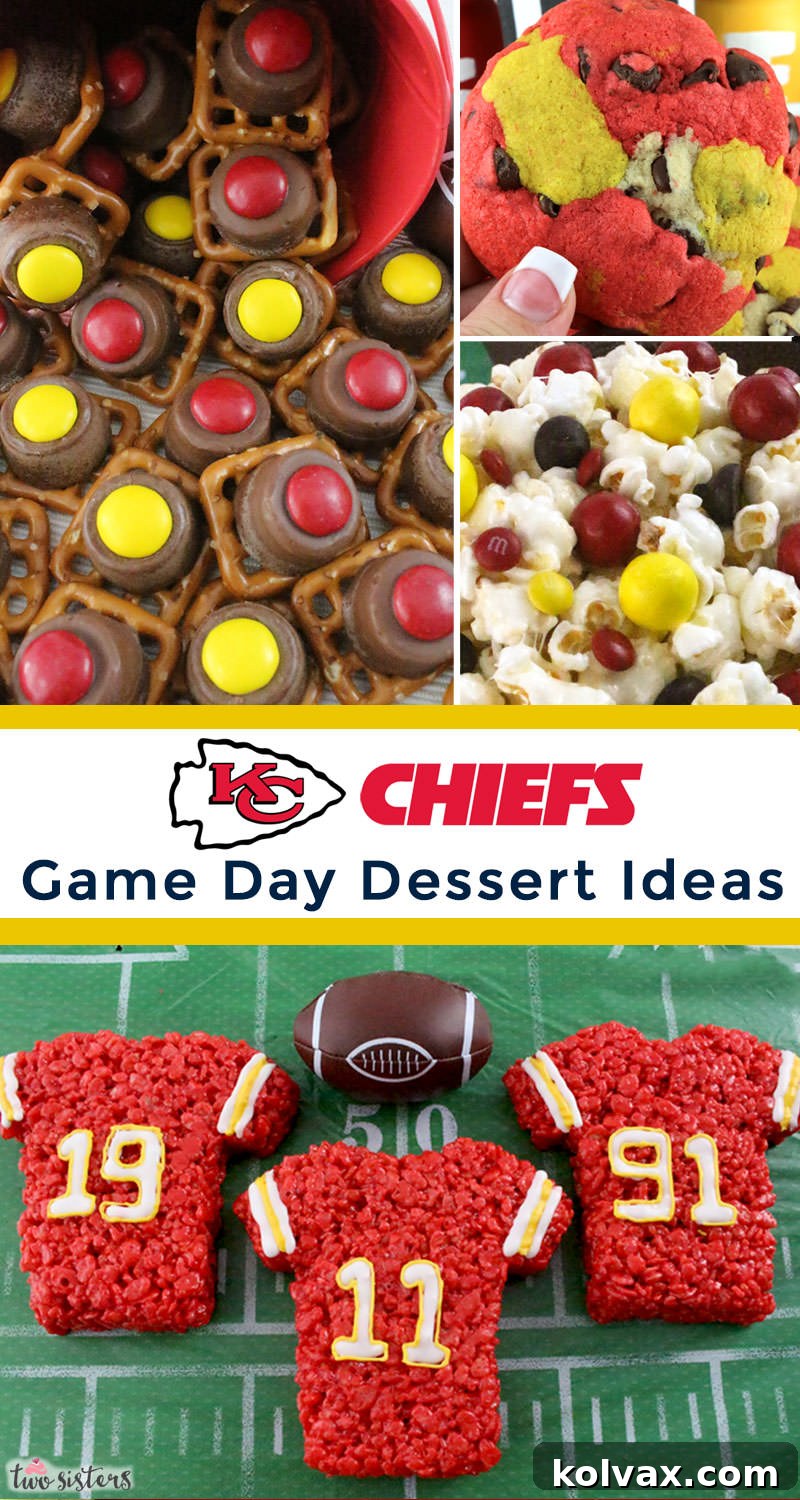 A vibrant collage of various Kansas City Chiefs themed treats, showcasing an array of red and gold football party desserts and snacks for game day.