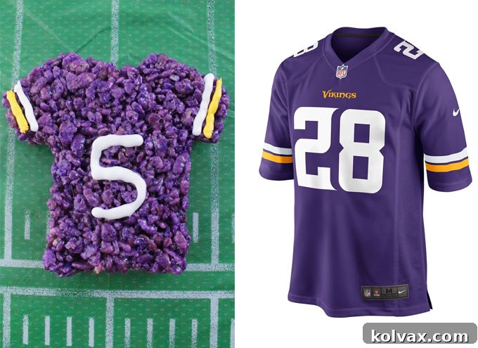 A side-by-side comparison of a homemade Minnesota Vikings Rice Krispie Treat jersey and an actual Vikings team jersey, highlighting the impressive resemblance.