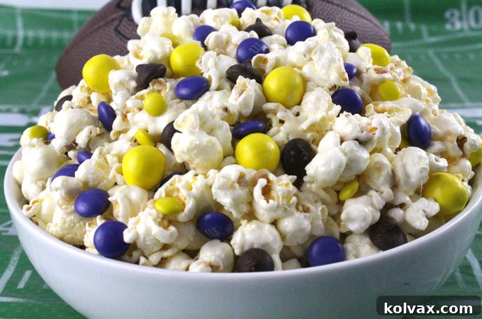 Delicious Minnesota Vikings Popcorn ready for game day parties. Sweet, salty, crunchy, and easy to make. Perfect for NFL playoffs or Super Bowl celebrations.