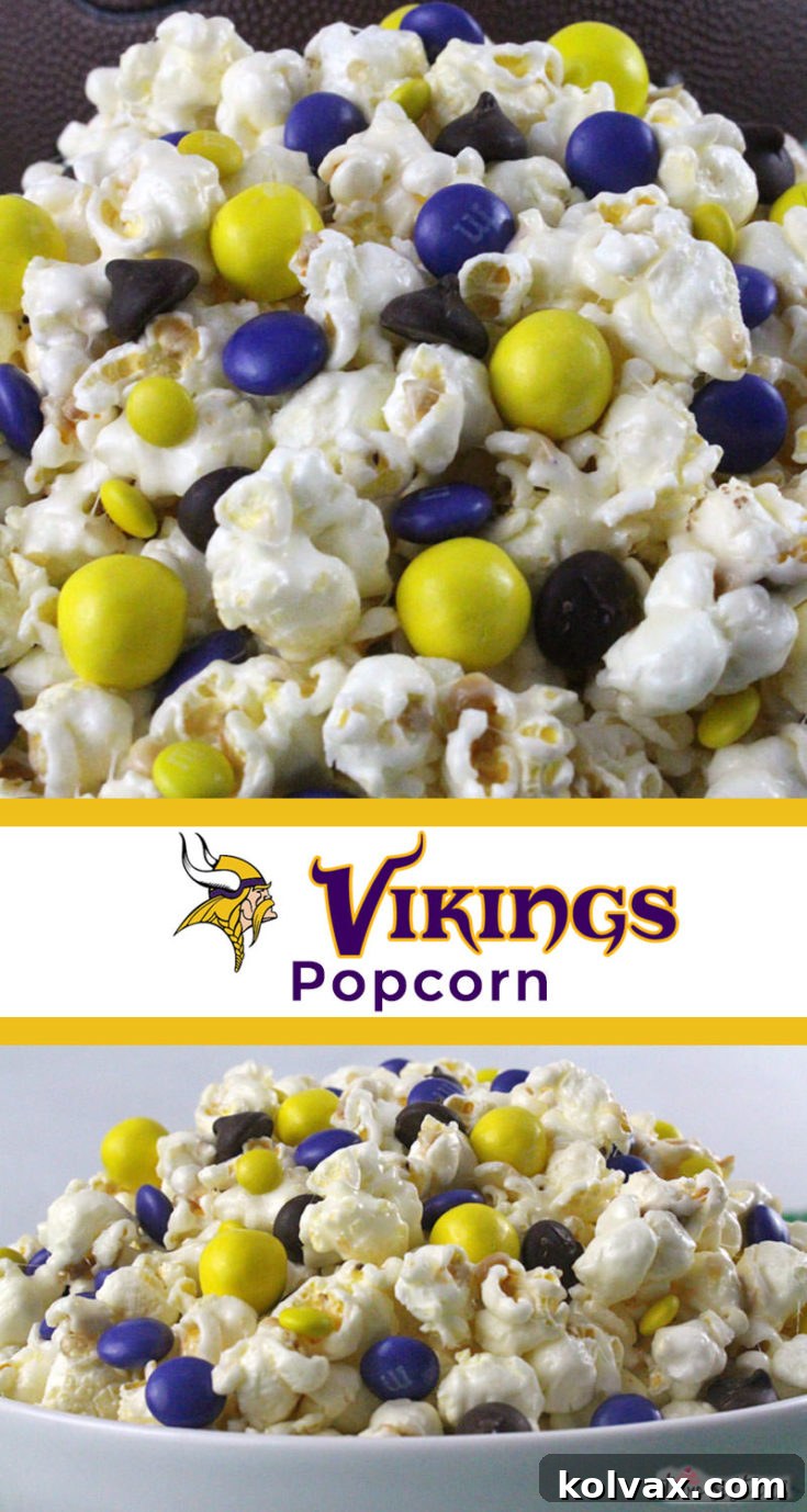 Pinnable image for Minnesota Vikings Popcorn recipe.