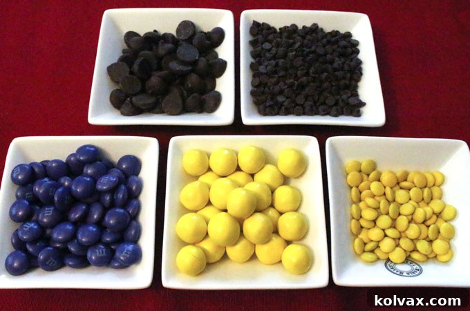 Selection of yellow M&M Minis, yellow Pretzel M&M's, Nestle Toll House Dark Chocolate Chips, and purple M&M's for Minnesota Vikings Popcorn.