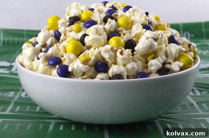 Close-up of finished Minnesota Vikings Popcorn, showcasing the sweet, salty, crunchy texture and team colors.