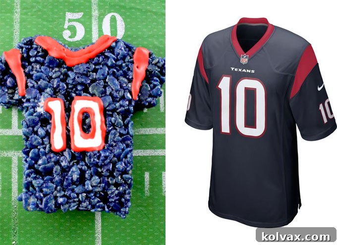 Comparison of a Houston Texans Rice Krispie Treat jersey with an actual team jersey.