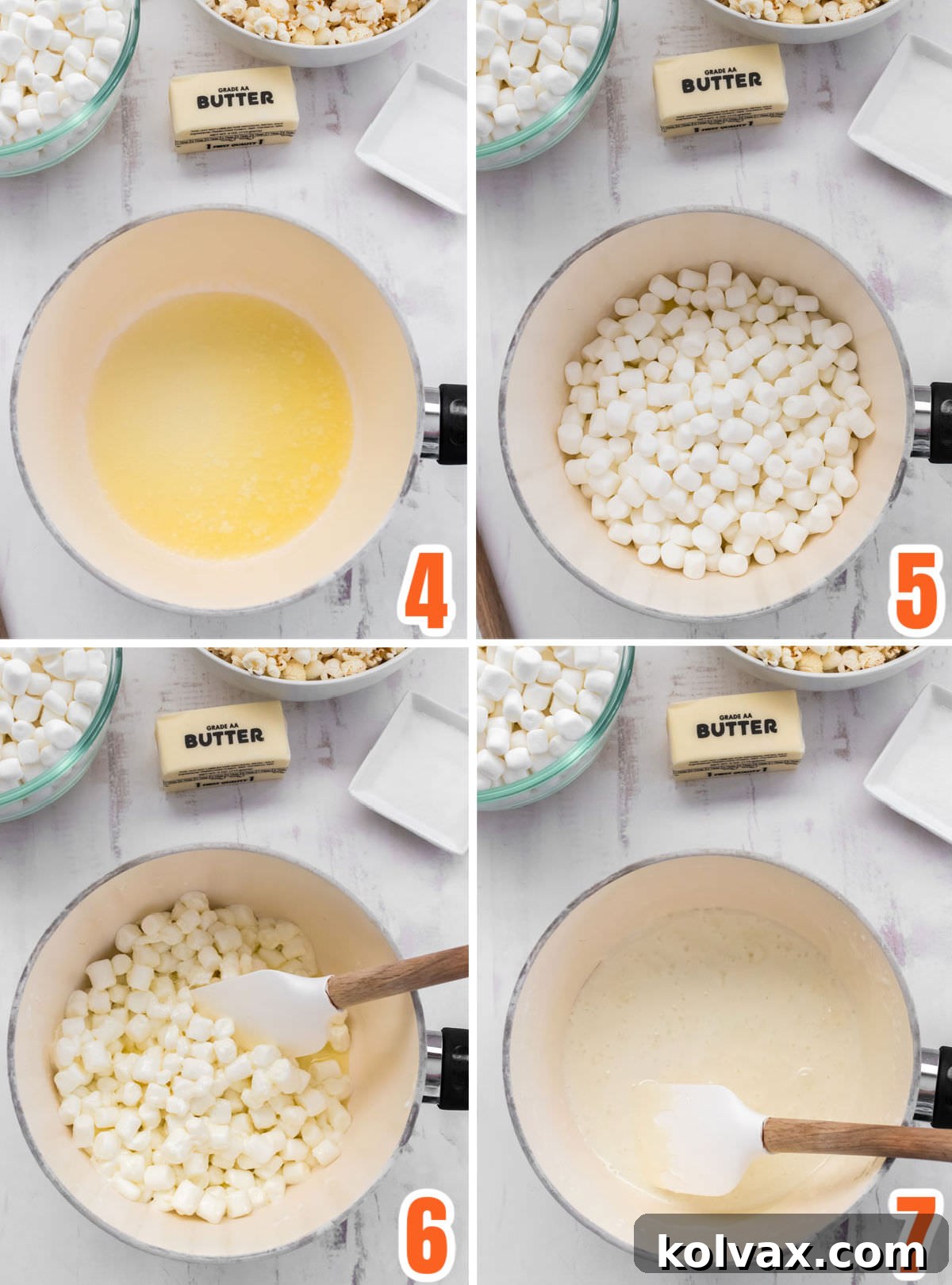 Who Dey Popcorn 4 A step-by-step collage demonstrating how to prepare the sweet marshmallow coating for popcorn, showing butter melting, marshmallows added, and the final smooth mixture.
