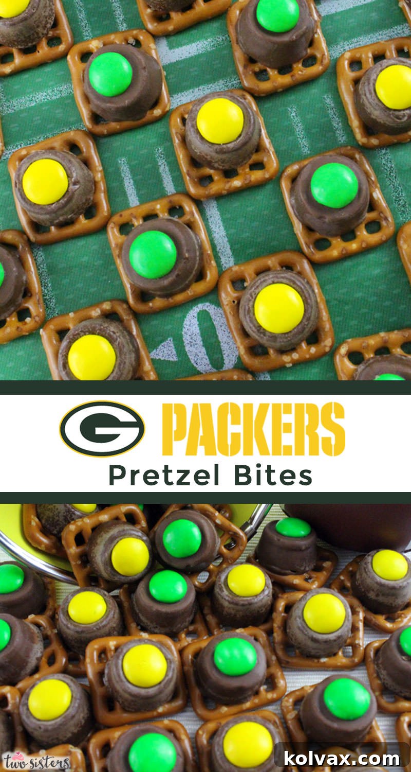 Our easy to make Green Bay Packers Pretzel Bites are yummy bites of sweet and salty Football Game Day goodness. They are perfect as a little extra treat at a NFL playoff party, a Super Bowl party or as a special dessert for the Green Bay Packers fan in your life. Follow us for more fun Super Bowl Food Ideas.