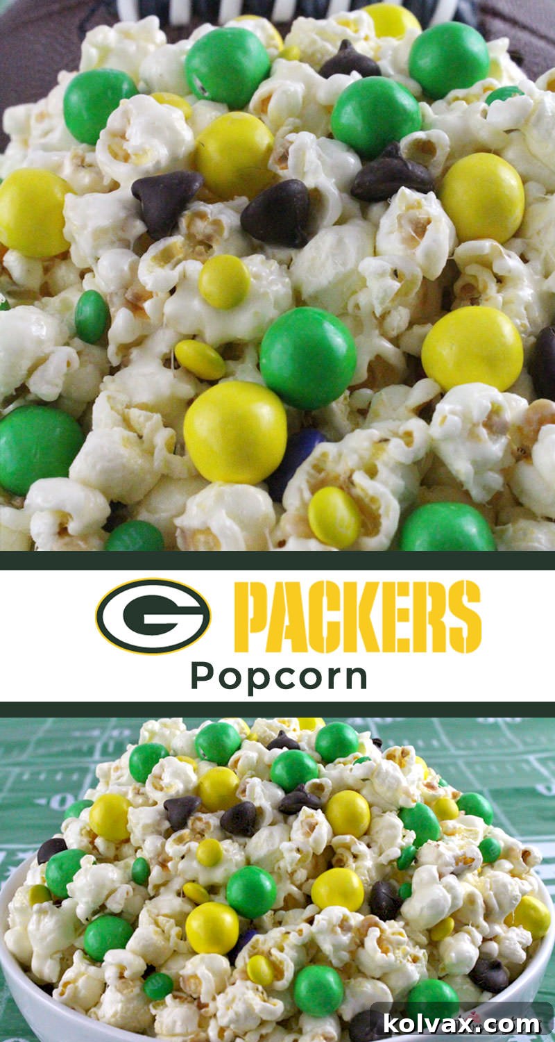 Pile of Green Bay Packers Popcorn with green and yellow M&M's, a vibrant game day snack