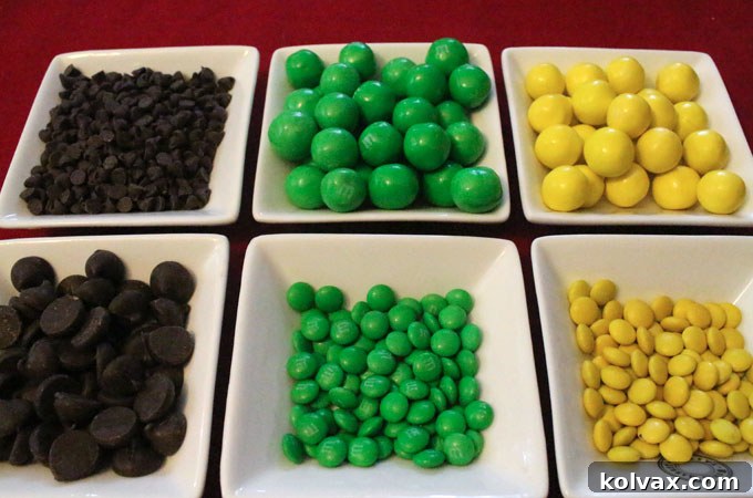 Assortment of green and yellow candies and chocolate chips for Green Bay Packers Popcorn