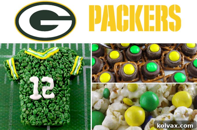A vibrant display of Green Bay Packers themed game day treats, including green and gold pretzel bites, popcorn, rice krispie treats, and chocolate-dipped pretzels, perfect for football parties and tailgating.
