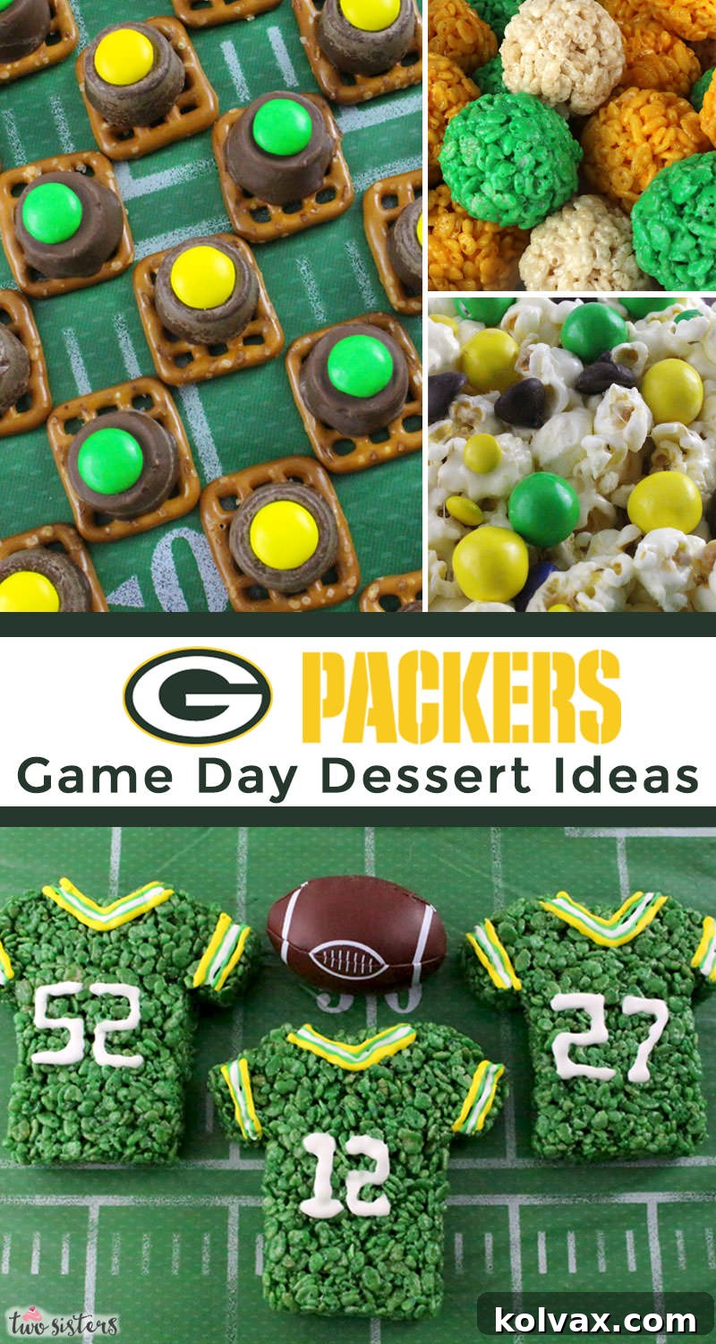 A comprehensive collection of Green Bay Packers themed desserts and treats, including decorated pretzels, popcorn, and Rice Krispie treats, laid out for a football party.