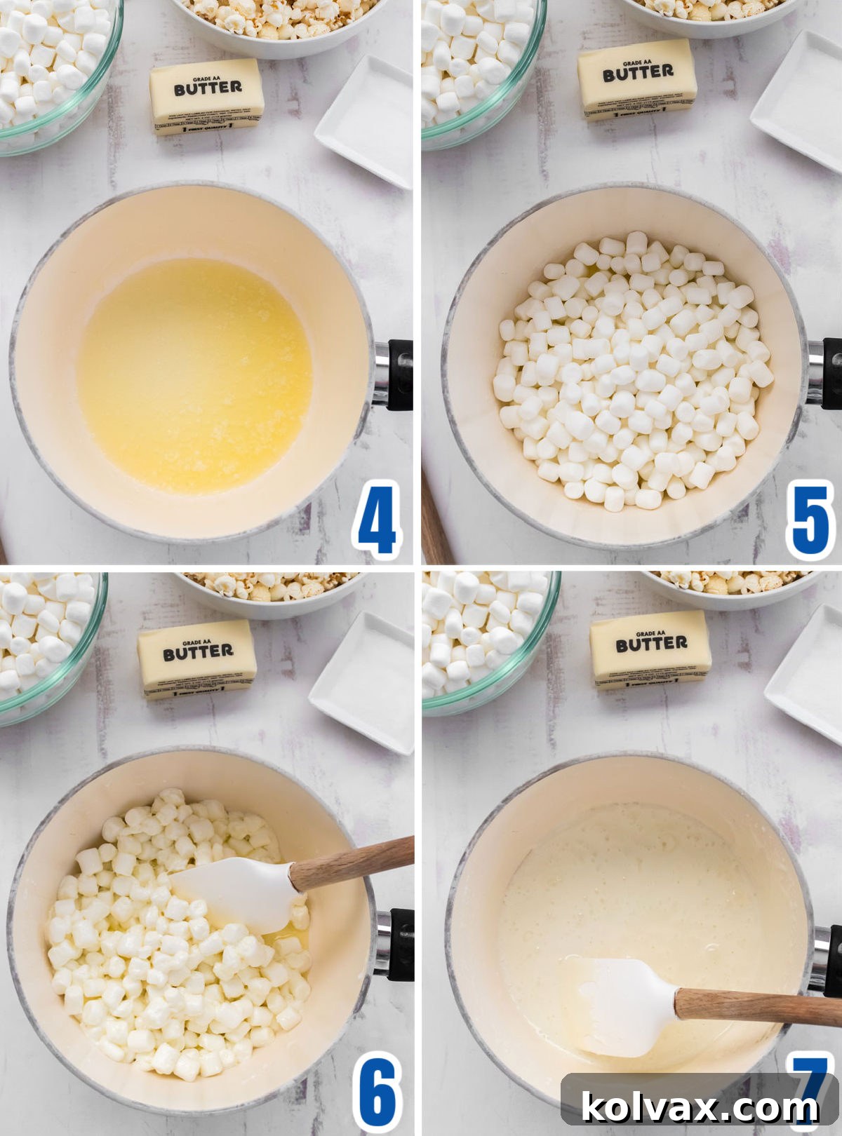 A collage image illustrating the steps for preparing the marshmallow mixture: melting butter, adding mini marshmallows, and stirring until completely melted.