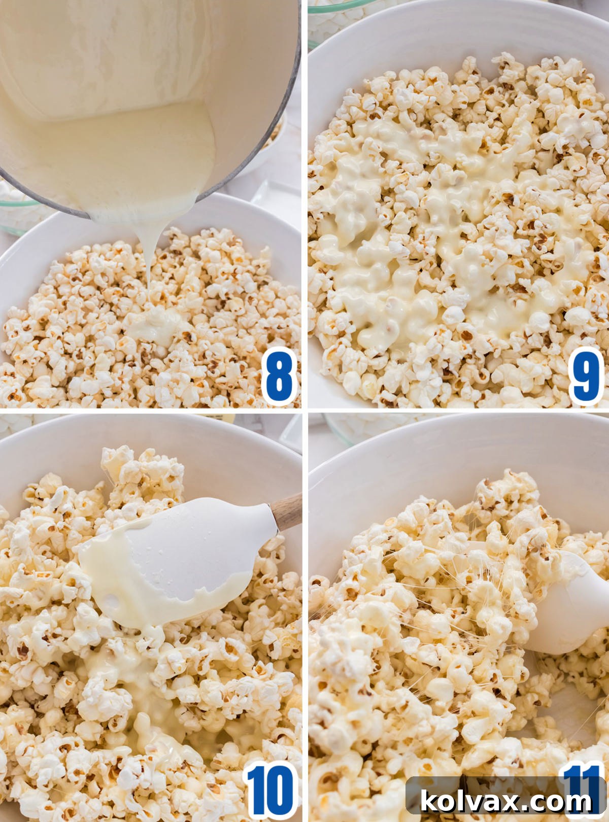 A collage illustrating the process of covering the popcorn with the warm marshmallow mixture, showing gentle folding until the popcorn is mostly coated.
