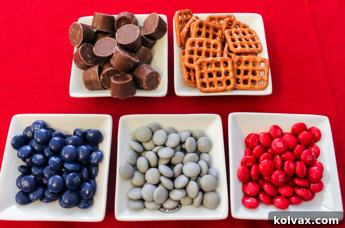 Patriots Game Day Pretzel Bites 3 All the ingredients you will need to make New England Patriots Pretzel Bites including Pretzels, Rolo Candies and M&M's.