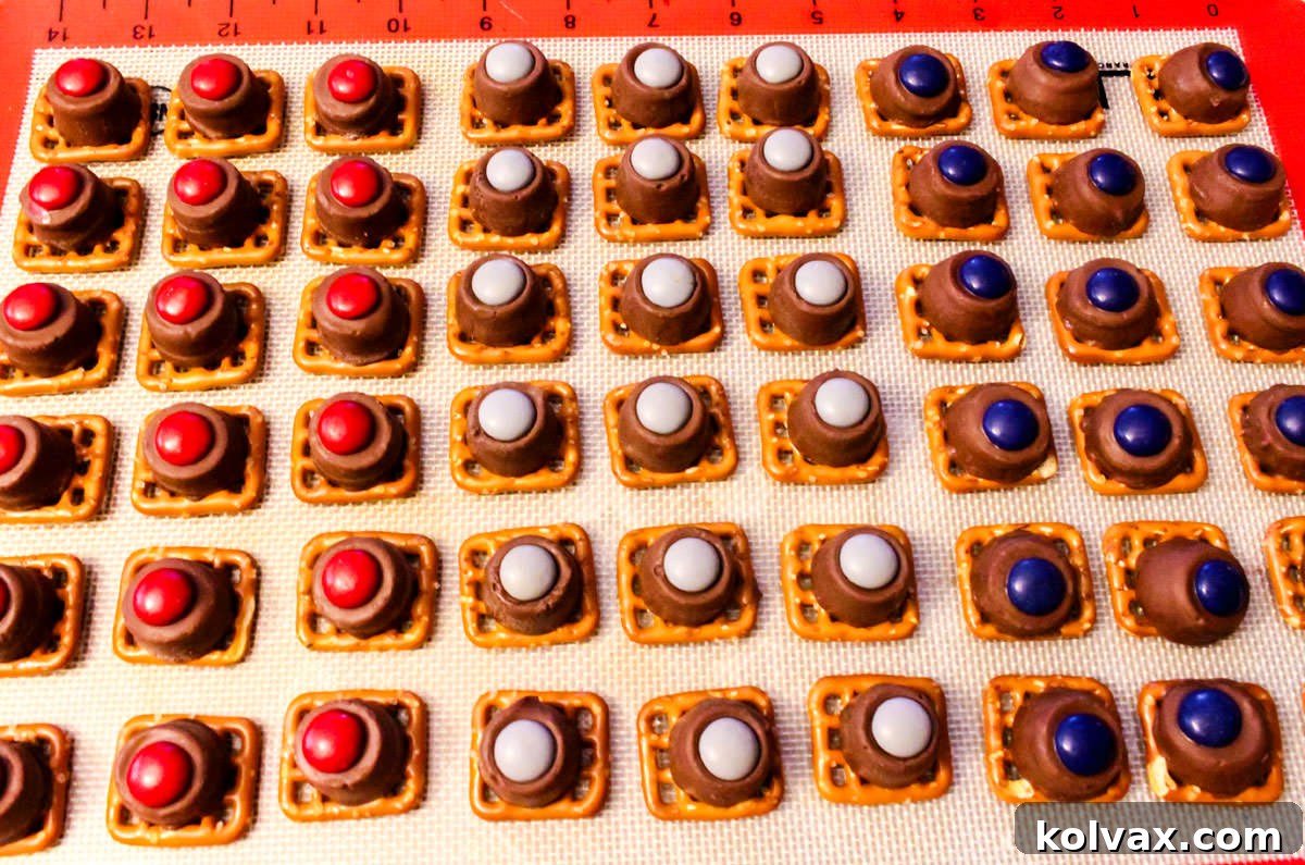 Patriots Game Day Pretzel Bites 5 Closeup on a cookie sheet with New England Patriots Pretzel Bites arranged in rows