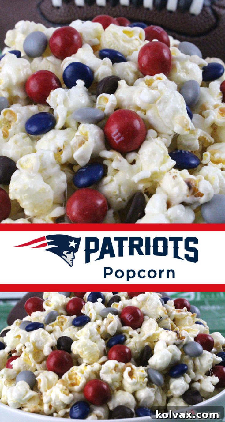 New England Patriots Popcorn in a white bowl, ready for serving.