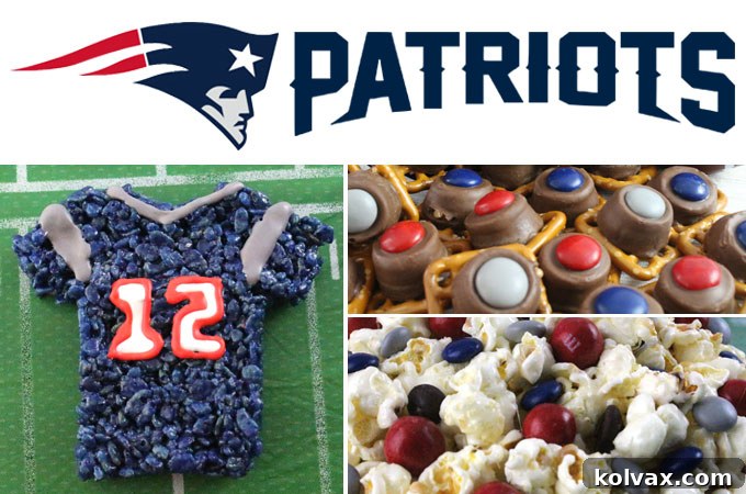 Touchdown Treats for Patriots Fans 2 A vibrant spread of New England Patriots themed desserts including pretzel bites, popcorn, and Rice Krispie treats, all adorned in blue, red, and grey team colors, ready for a football game day party.
